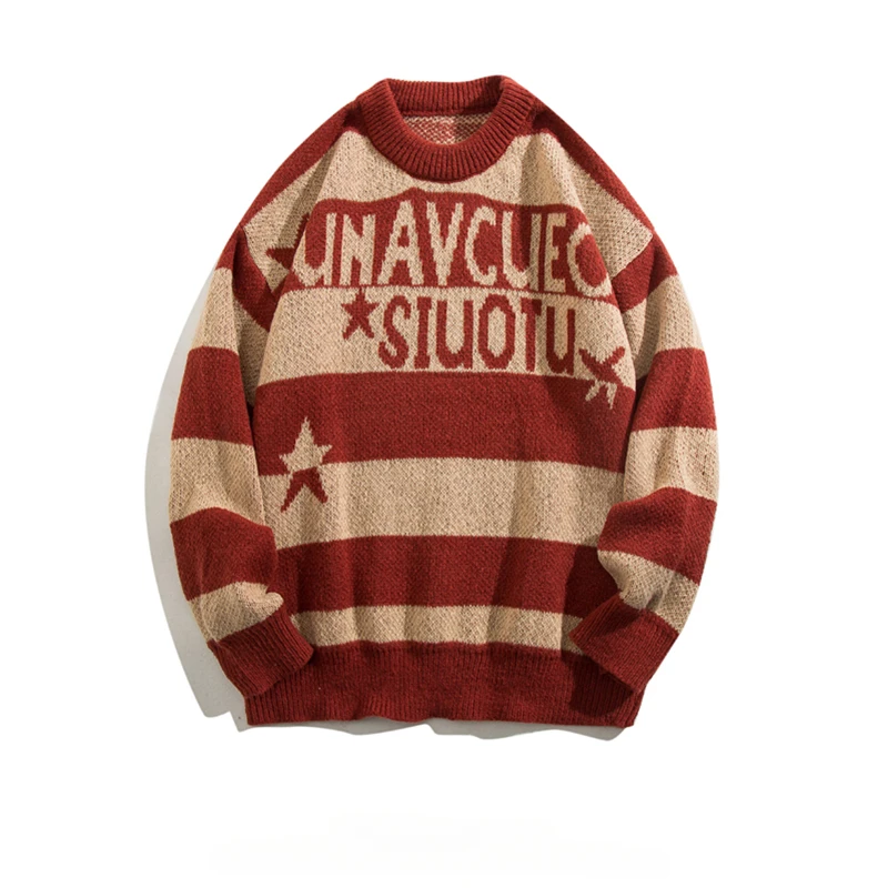 

American Retro Striped Imitation Mink Velvet Sweaters Men/Women Autumn Winter Lazy Style Letter Jacquard Casual Couple Knitwear