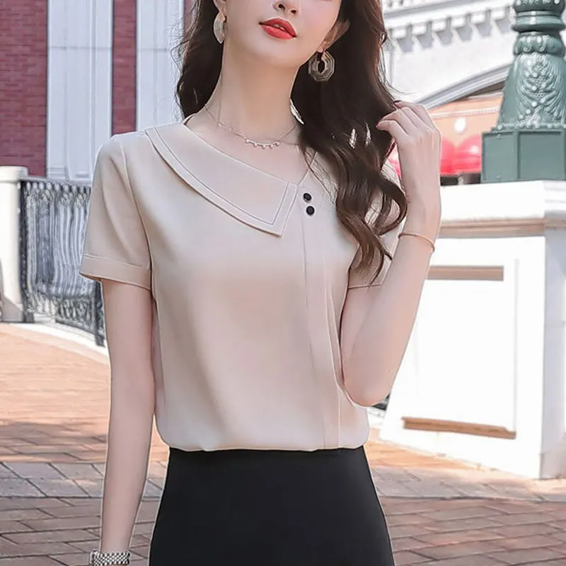 

Women's Elegant Short Sleeve Shirts, Korean Fashion, Simplicity, Monochromatic, Office Clothes, All-match Loose Tops, Summer