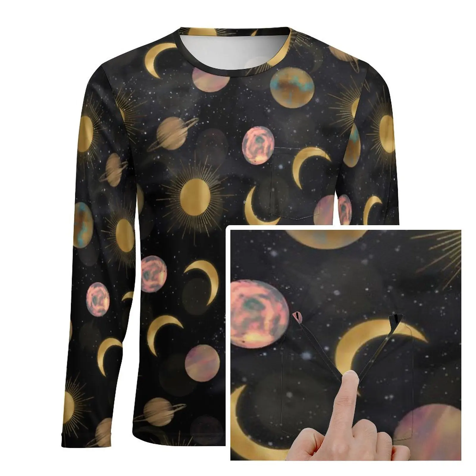 Gold Sun Moon T Shirt Spring Space Print EMO T-Shirts Men Novelty Custom Tee Shirt Plus Size