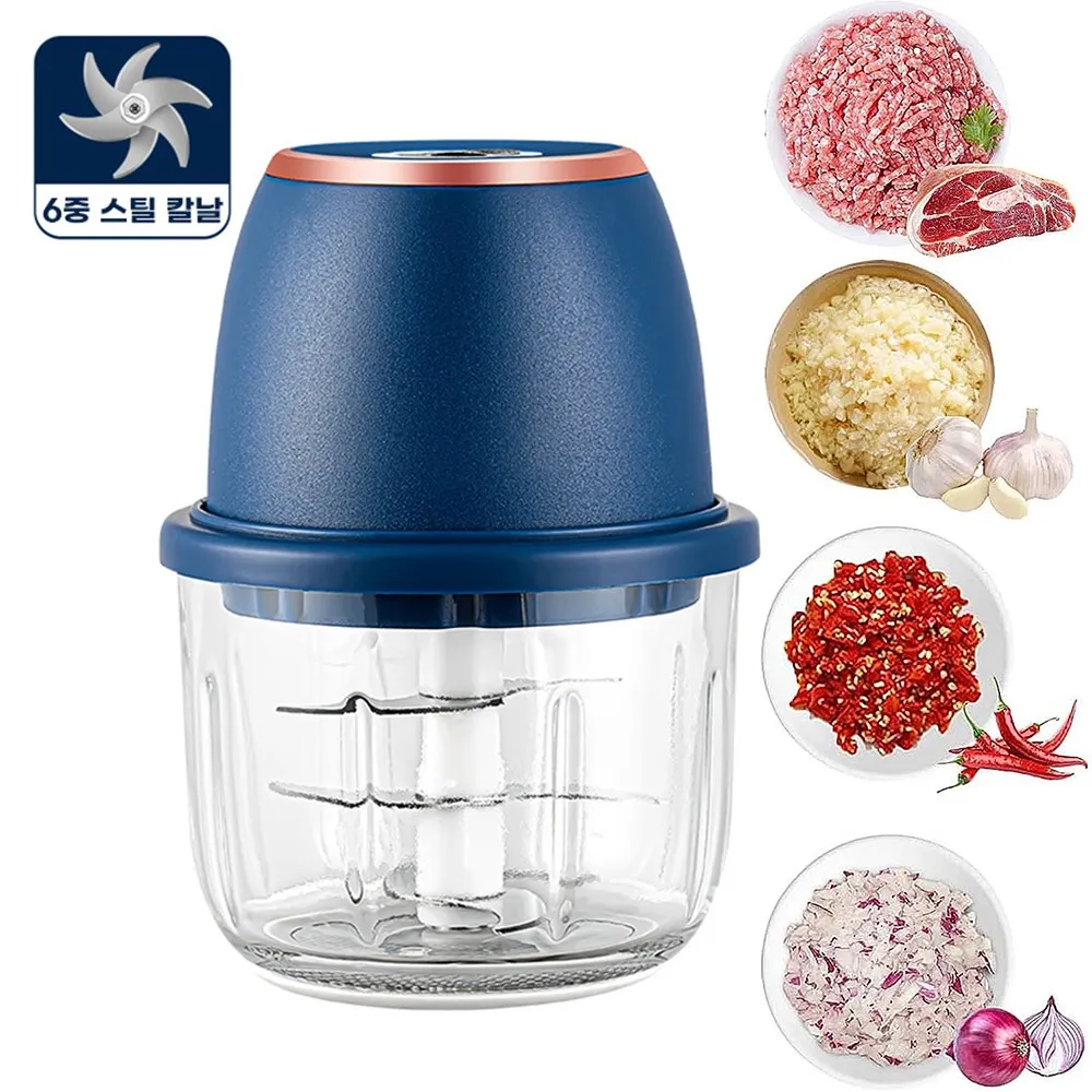 

Mini Wireless Electric Vegetable Chopper Rechargeable Multi Garlic Mincer One Touch 6-Blade 350ml Glass Container