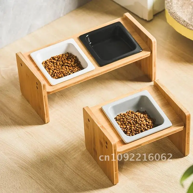 

Ceramic Pet Bowl Dish with Wood Stand for Spill Pet Ceramic Double Bowl Cat No Cats Food Dogs Feeder Small Dog Water Bowl Pet