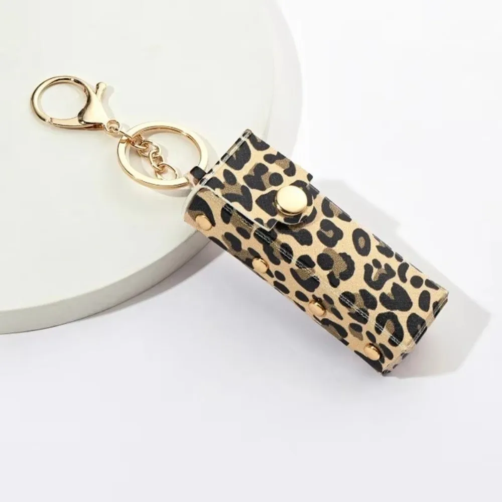 Fashion Leopard Print Leather Keychain Portable Lipstick Bag Keyring Pendant Key Ring Chain Bag Charm