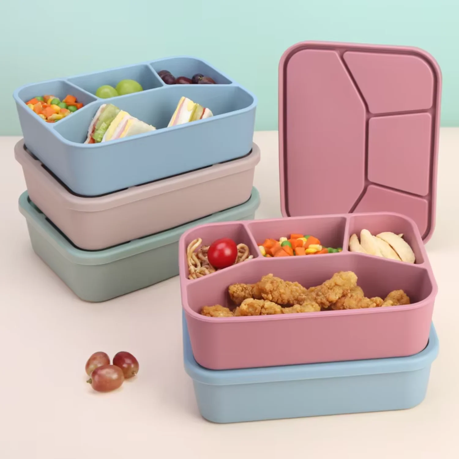 Biodegradable Reusable Adult Lunch  Container Leak Proof 4 Compartment Silicone Bento Lunch  For Offices