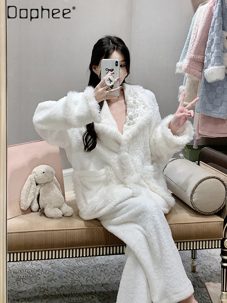 

Winter Pajamas for Women Coral Fleece Beading White 2pcs Lapel Pockets Thickened Wram Plush 2024 New Homewear Soft