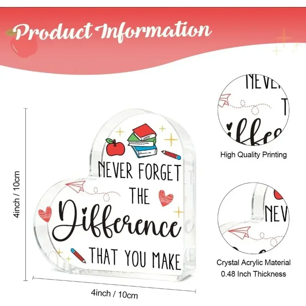 Heart Acrylic Plaque Never Forget The Difference You Make Teacher Gift Apple Book Pencil Desk Decor