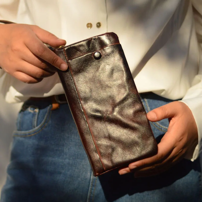 new-vintage-long-zipper-multi-functional-leather-wallet-handmade-dying-color-vegetable-tanned-cowhide-for-men-and-women