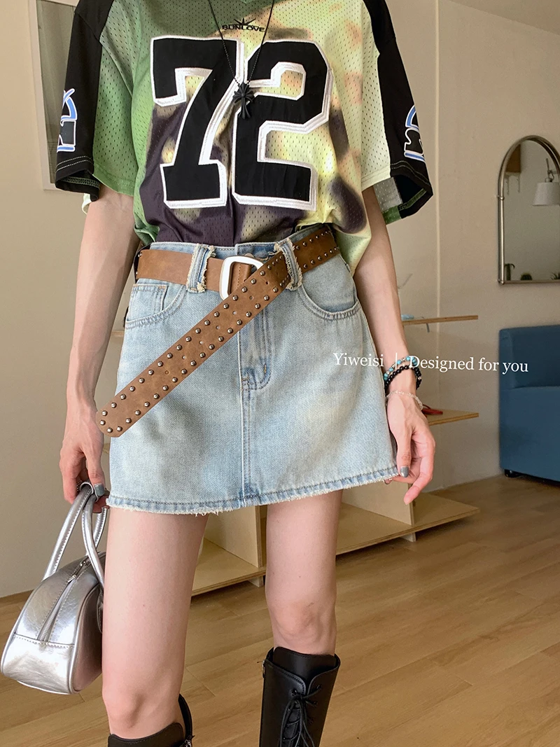 

Slergiri Summer washed blue raw trim denim skirt women korean fashion vintage high waist a-line jean mini skirts without belt