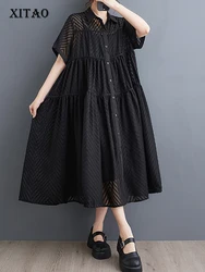 XITAO Black Hollow Splicing Dress Solid Color Turn Down Collar Short Sleeve Single Breasted Summer Women New Dress LYD1801