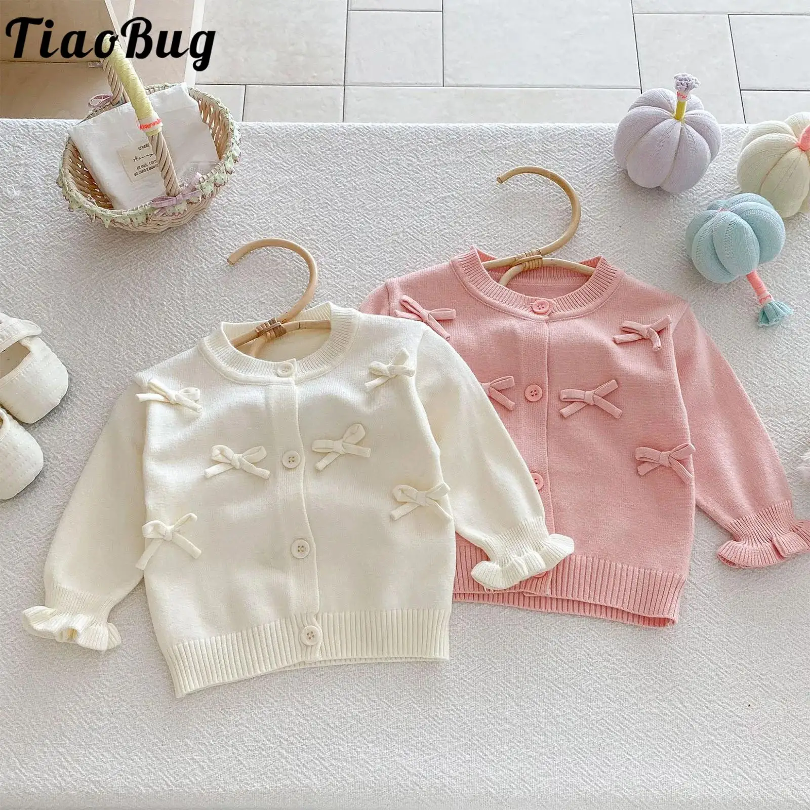 

Кардиган на весну и осень для маленьких девочек, свитер с милыми бантами и длинными рукавами на пуговицах, вязаная верхняя одежда, топы, детская одежда, повседневная одежда