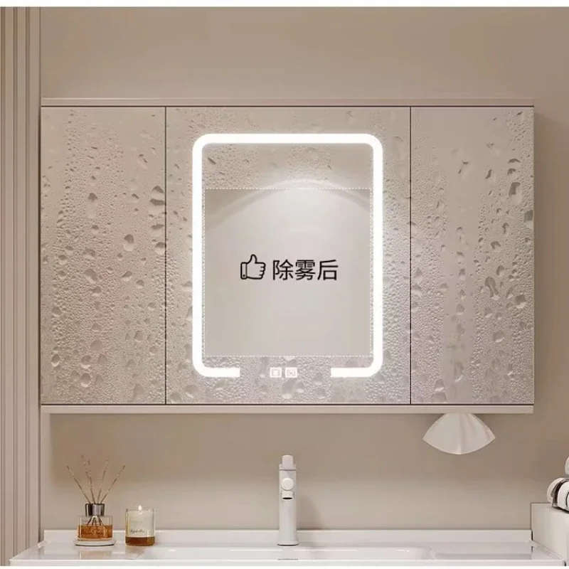D80 French Cream Style Smart Mirror Cabinet Modern Solid Wood Storage Makeup LED Light Bathroom Furniture