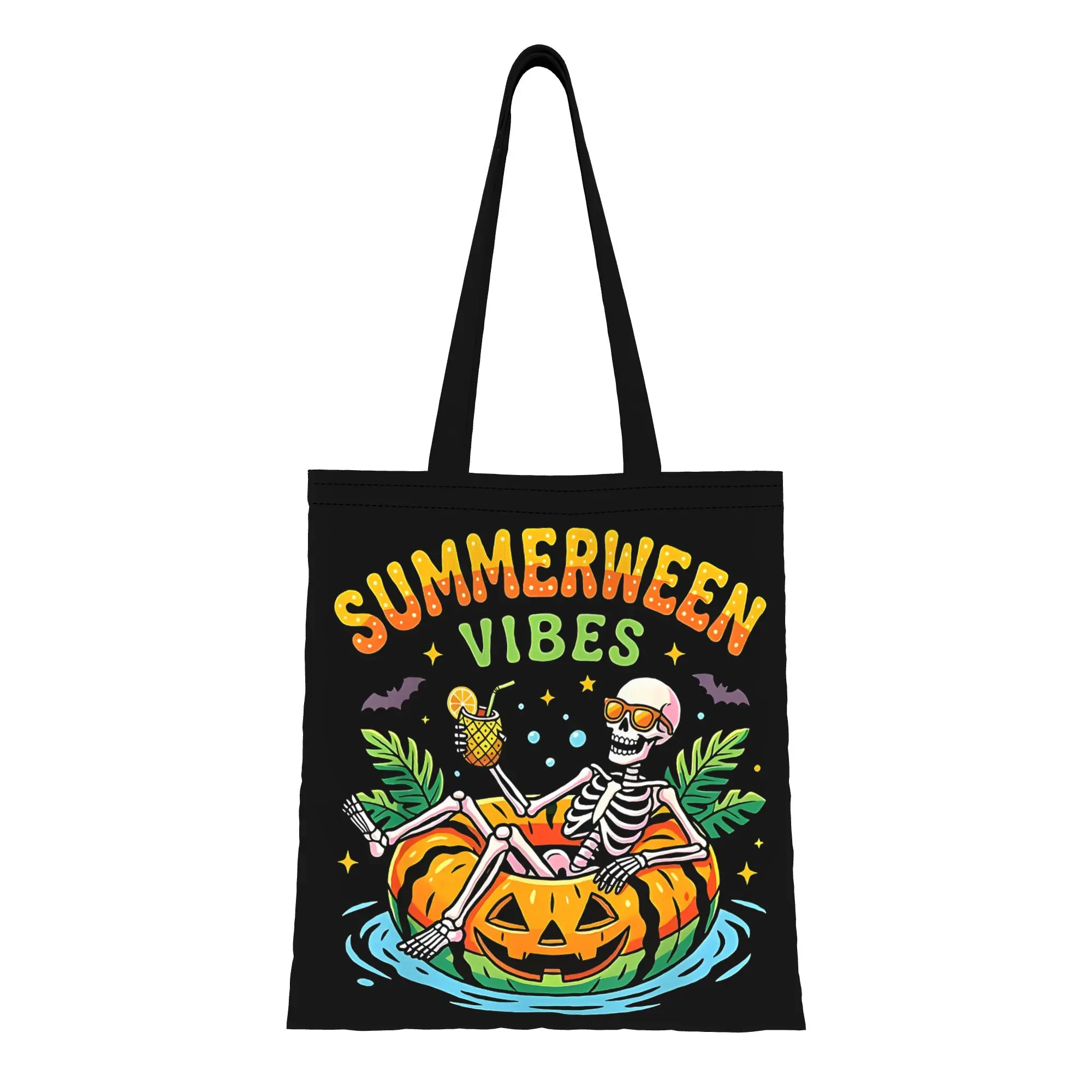 Reusable Trendy Summerween Vibes Skeleton Pool Float Tropical Halloween Shopping Bag Women Tote Bag Portable  Shopper Bags