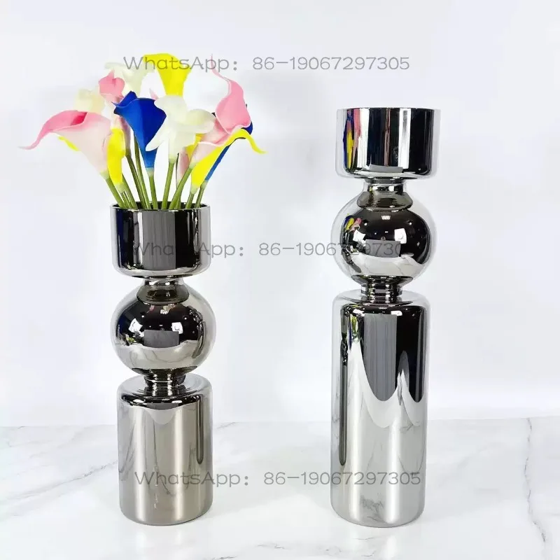 Glass Mirror Vase Ornament Model Room Hotel Living Room Flower Ware Light Luxury Electroplated Silver Flower Insert