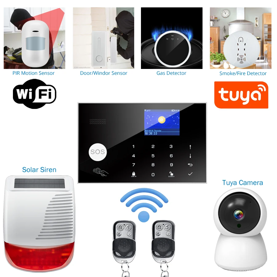 Tuya WiFi GSM Alarm System 433MHz Home Wireless wired Burglar Security Alarm Tuya smart / Smart Life APP Compatible With Alexa