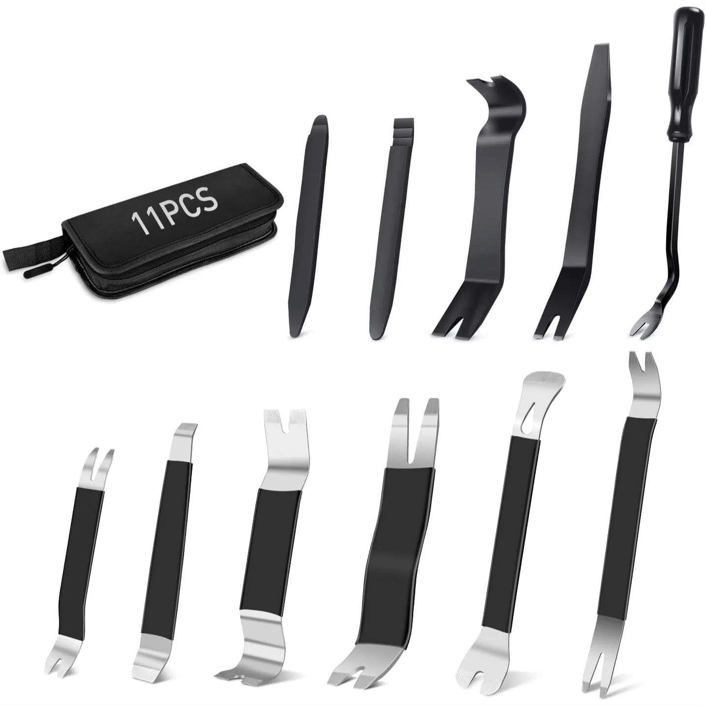 11PCS Car Trim Removal Tool Kit with Metal & Nylon Pry Tools for Door Panel, Dashboard, Audio - Includes Storage Box