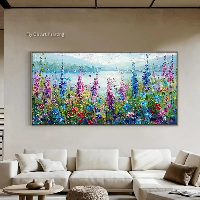 Blue Pink Purple Flowers Field Wall Art On Canvas Handmade Original Design Blooming Florals Landscape Oil Painting For Home Deco