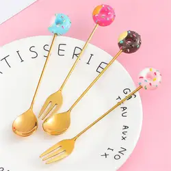 Cartoon Stainless Steel Fork Donut Shape Cute Dessert Cake Small Fork Fruit Forks Kids Set Kitchen Utensils Household Tableware