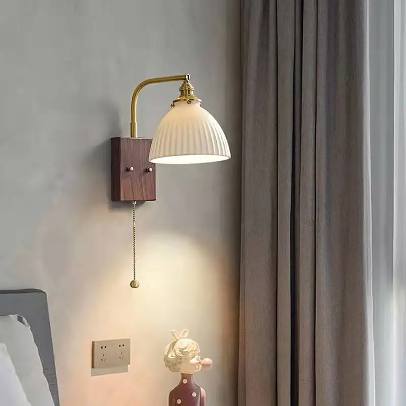 

Walnut Ash Wood LED Wall Lamp Sconce Beside Pull Chain Switch Plug In Home Indoor Lighting Bathroom Mirror Stair Light