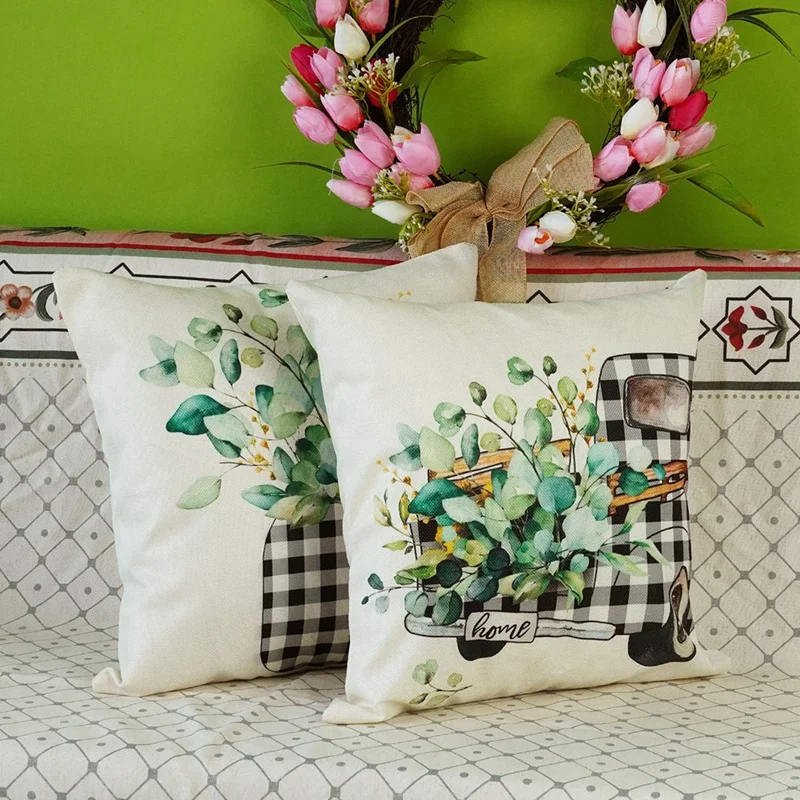 Spring Pillow Covers 18X18 Set Of 4 Spring Decorations Eucalyptus Leaves Farmhouse Throw Pillow Home Decors Cushion Case