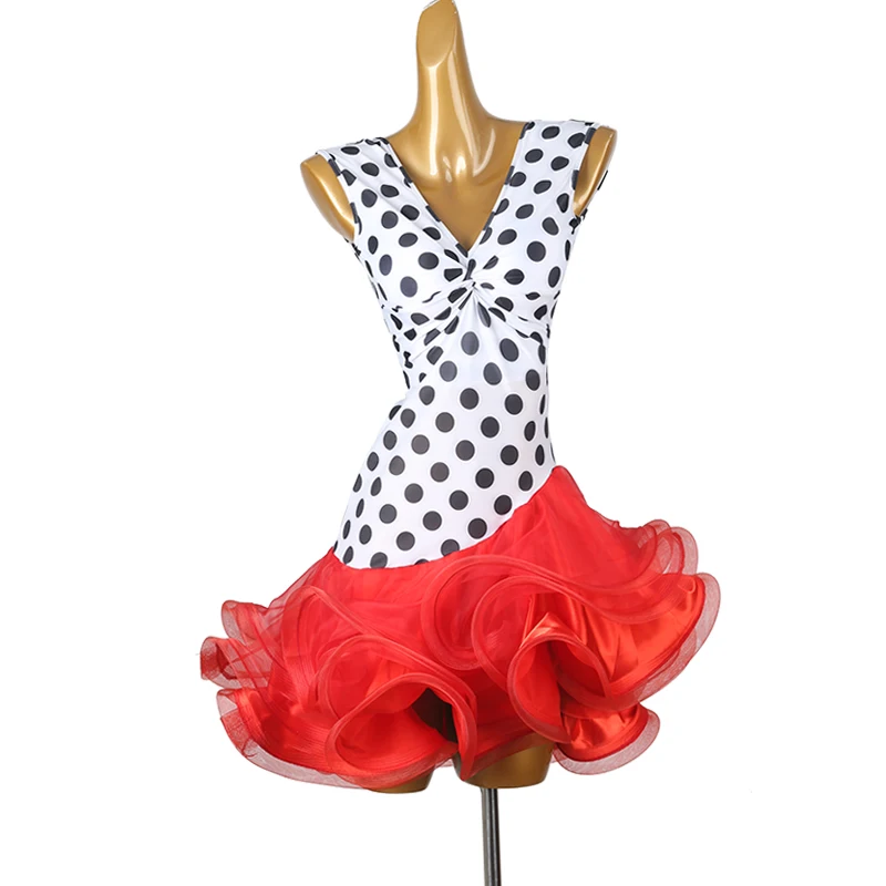 

2025 New Latin Dance Dresses Women Summer Polka Dot V-Neck Dresses Rumba Tango Performance Dancewear Stage Show Latin Gown 3832