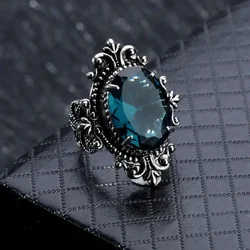 2024 Bohemia Blue Rings for Women Aesthetic Caved Pattern Design Fancy Anniversary Gift Ethnic Finger Accessories Lady Jewelry