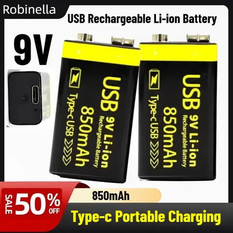 Long-Lasting 9V 850mAh USB Rechargeable Li-ion Battery 6F22 with Type-C for Professional Microphones, Multimeters Batteries
