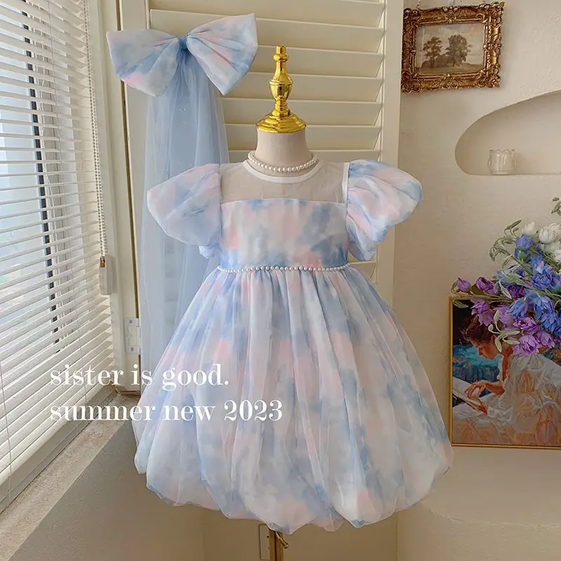 

Girl Lace Splicing Round Neck Gradient Color Birthday Dresses Lolita Style Bubbles Short Sleeve Kids Clothes Gauze Fluffy Dress