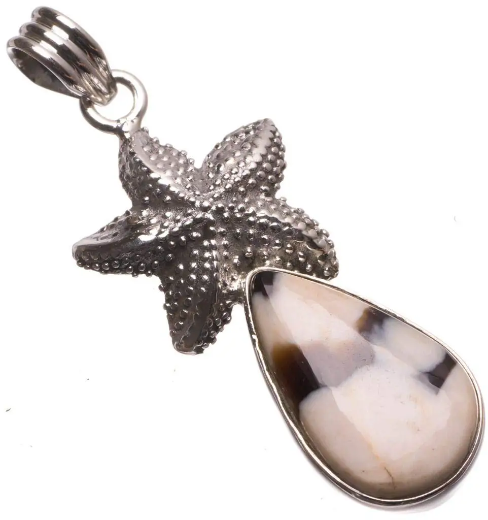 

StarGems® Natural Penut Wood Jasper Starfish Handmade 925 Sterling Silver Pendant 2" T2432