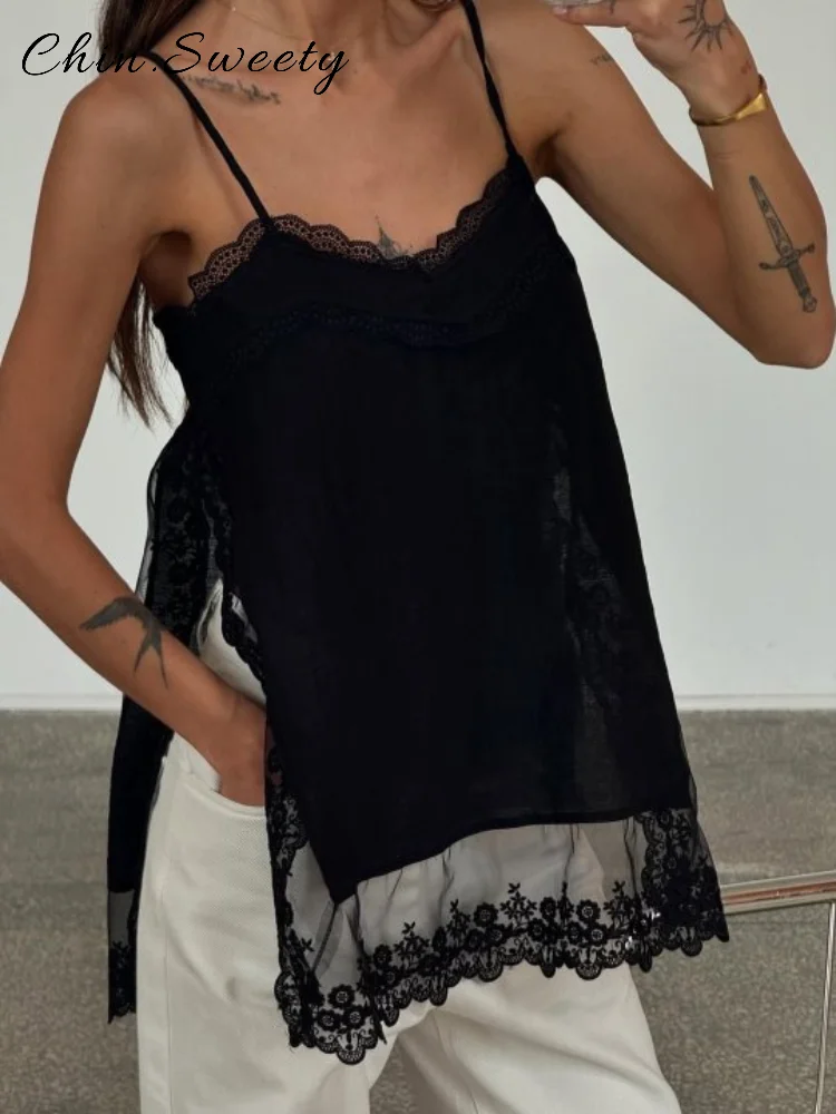 Elegant Satin Lace Patchwork Short Tank Women Loose Solid V-neck Sleeveless Mini Sling Tops 2025 Summer Lady Fashion Outwear New image 5
