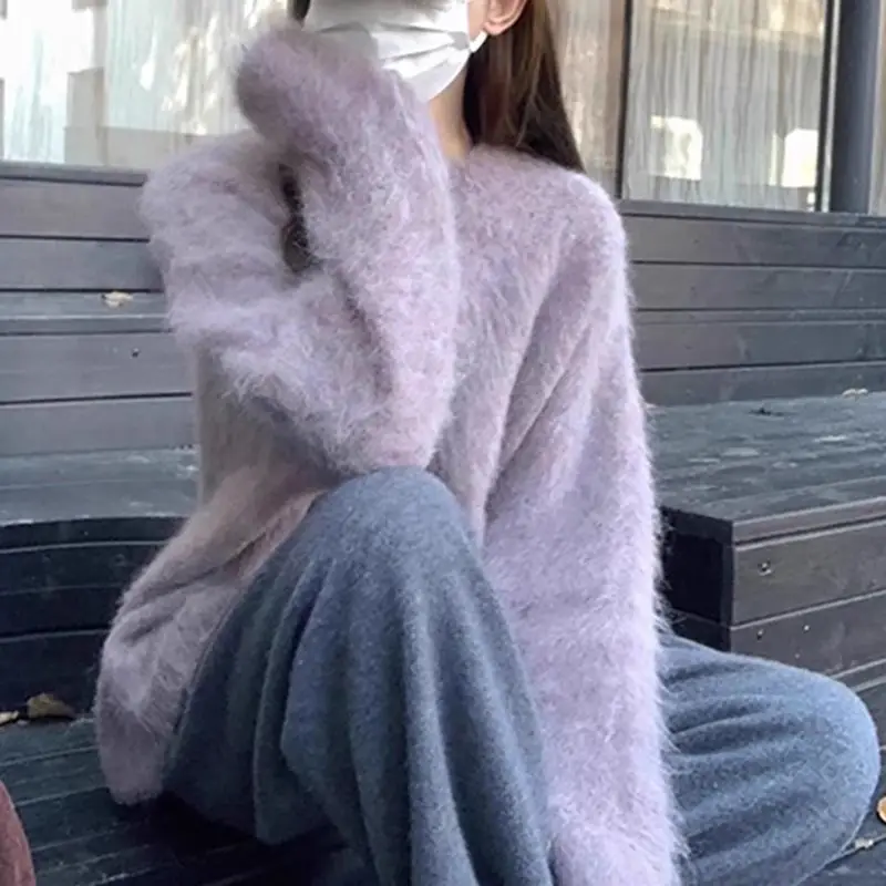 Gentle Style Purple Soft Glutinous Sweater Fluffy Imitation Mink Velvet Round Neck Pullover Knit Sweater Underwear Top
