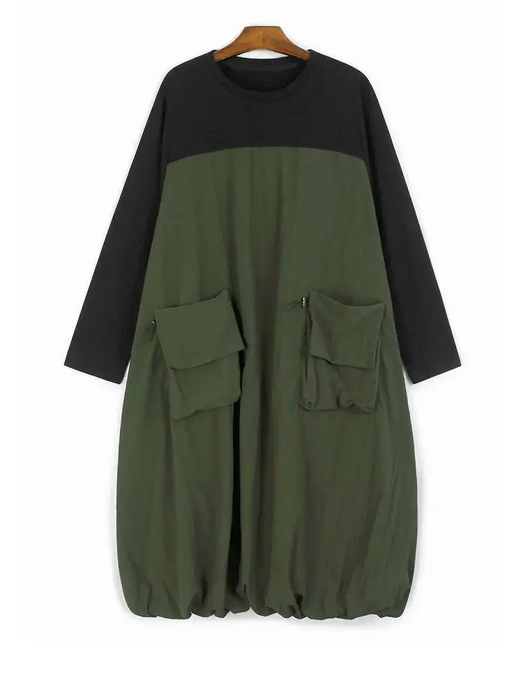 Women Green Pocket Color-block Big Size Midi Dress New Round Neck Long Sleeve Fashion Tide Spring Autumn