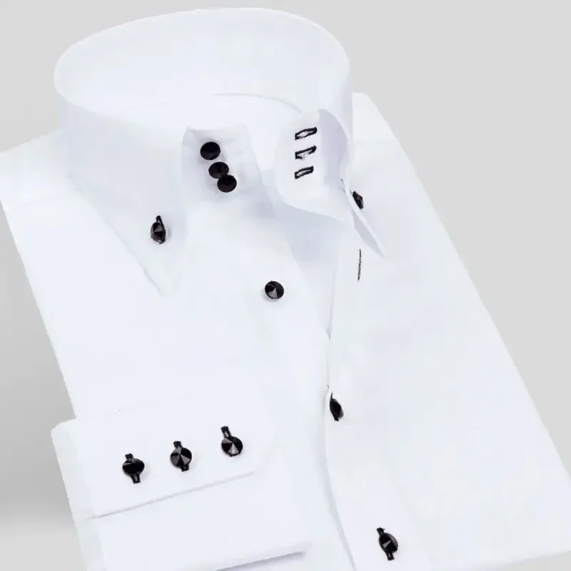 Casual White Shirts for Men with Fashion Drill Buckle Turtleneck, Long Sleeves Formal Business Dress Button Down Collar Outfits