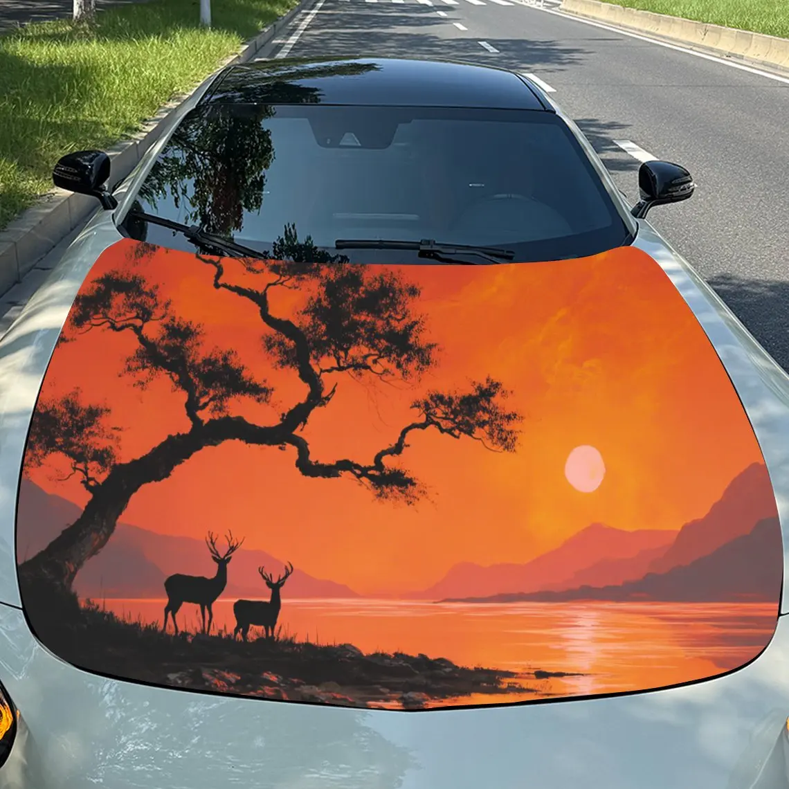 

Dramatic Sunset Deer Car Hood Stickers - Self-Adhesive, Waterproof and Durable Vinyl Wrap, Decorate And Protect Your Car, Fit Fo