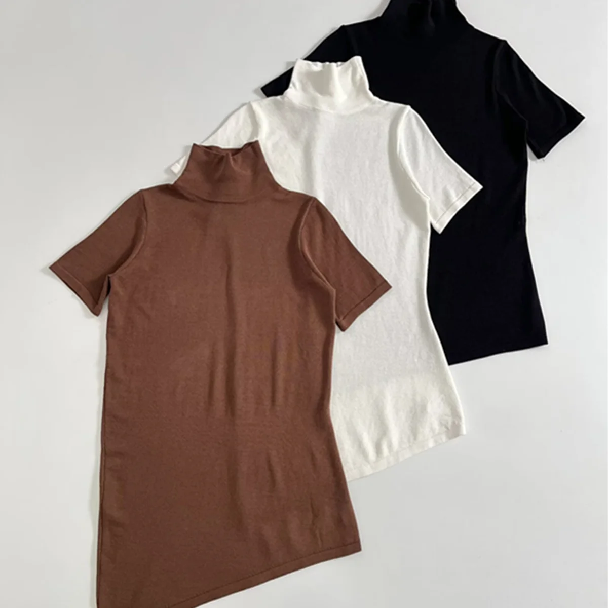 

Jenny&Dave Minimalist Solid Turtleneck Slim Fit T-shirt Women Tops Asymmetry Short Sleeve Tops T-shirt Woman Clothes Female Clot