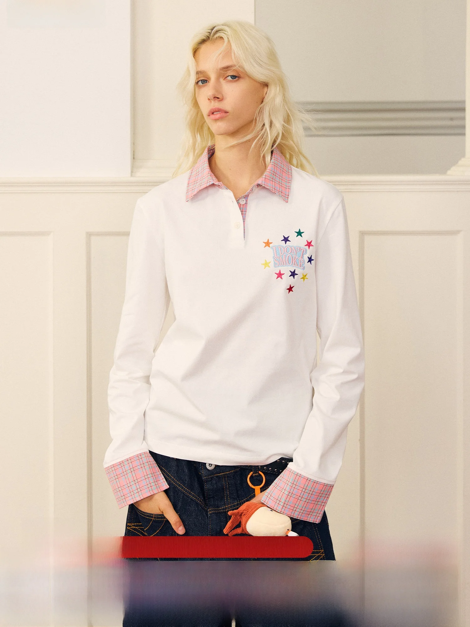 

Done Plaid Patchwork Long Sve T-irt Embroidered Star Colion oulder Line Cotton Men's Casual Wear Cool Feeling