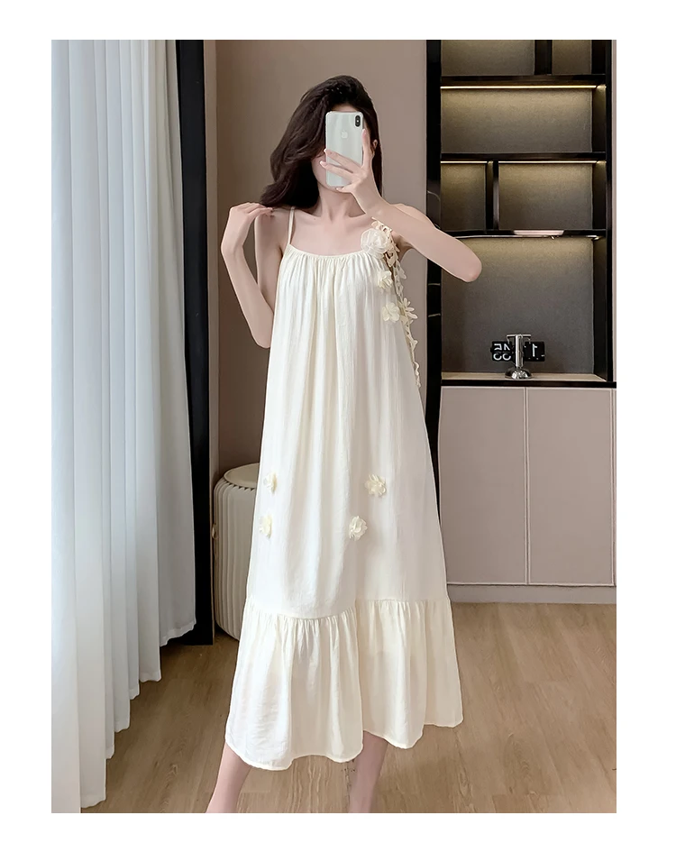 Summer Three-dimensional Flowers Embroidery Loose A-line Halter Dress Women Sleeveless Knee-length Beach Dresses Female