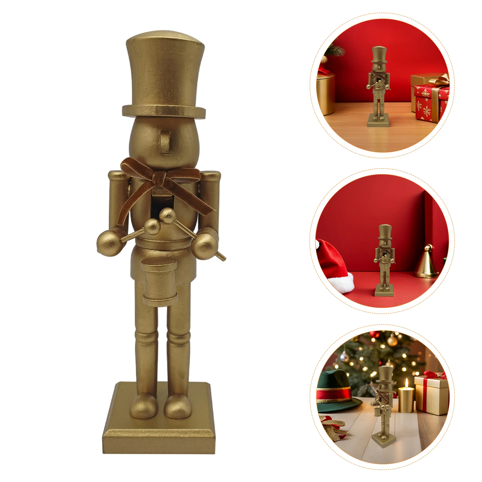 

Traditional Christmas Nutcracker Wooden Statue with Elegant Golden Bow Holiday Mantel Decoration Festive Centerpiece Xmas