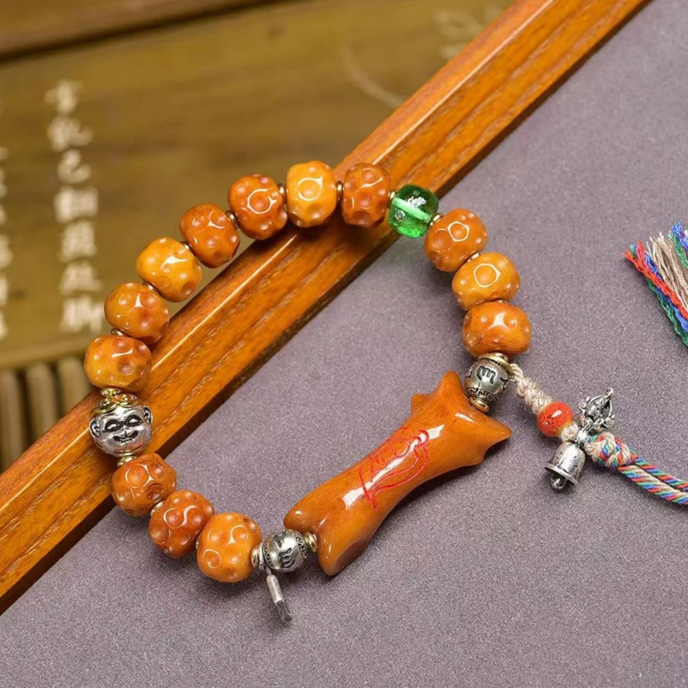 النمط التبتي المستصلح العظام منحوتة حبلا واحدة الفضة مطلي الزجاج الطاووس حجر العقيق البوذية الصلاة حبة سوار #6