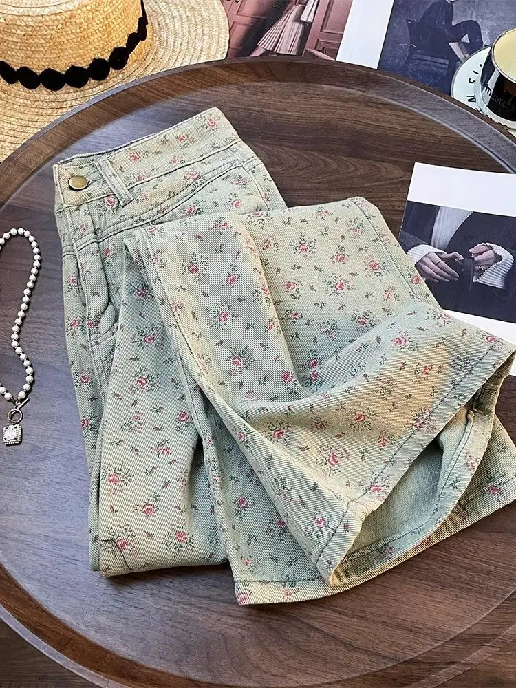 

American Floral Vintage Straight Jeans Women's New High Waist Loose Casual Fashion Wide-leg Pants Street Women's Clothing