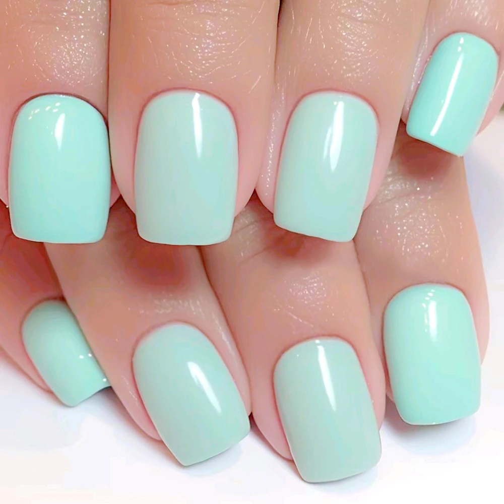 

Shiny Mint Green Acrylic Press On Nails With Glue Short Square Fake Nail DIY Woman Full Cover Finger Tip Manicure Tool