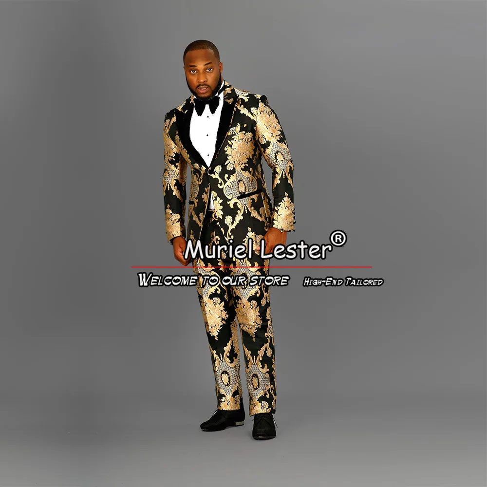 

Gold&Black Groom Wedding Suits Fit Slim Fit Flowers Jacquard Men's Tuxedo Custom Notched Lapel Jacket Pants 2 Piece Sets Clothes