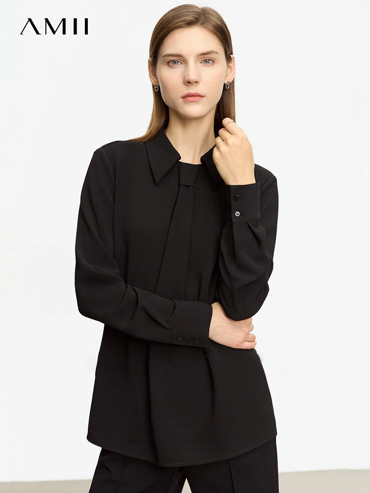 AMII Minimalist Bow Tie Shirt for Women 2023 Autumn New Office Lady Simple Chiffon Turn-down Collar Long Sleeve Blouse 12323043