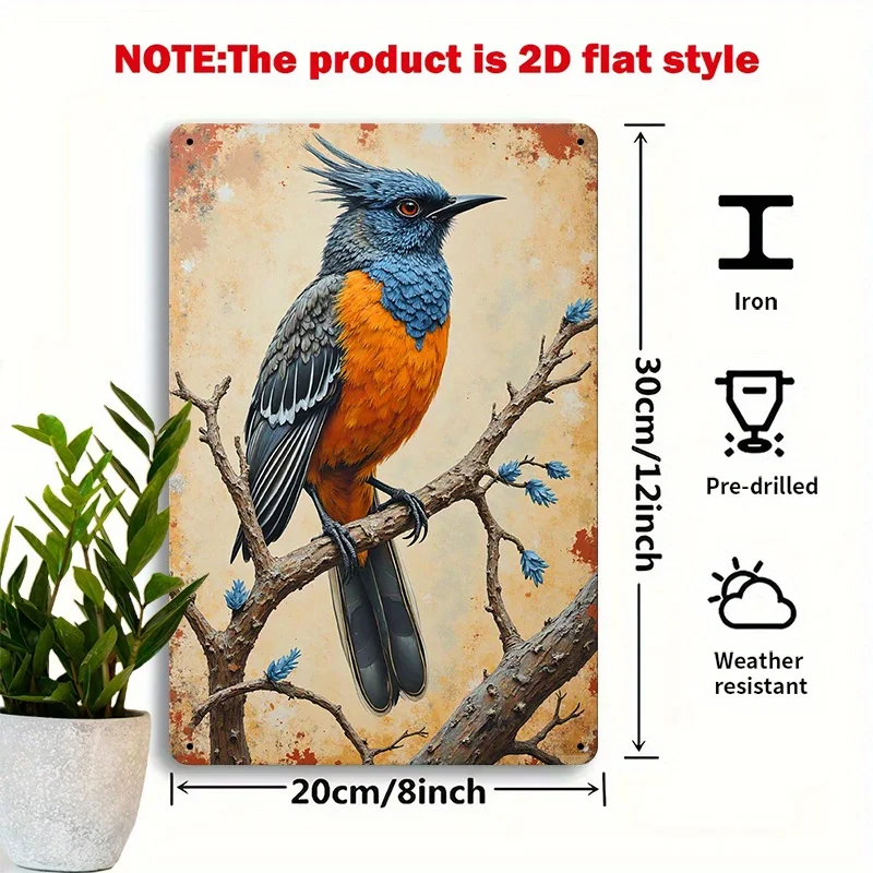 2D Flat - 2D Plane - A 2D Plane Pattern Depicting Exotic Birds on a Metal Sign, Measuring 8X12 Inches, with a Retro Aesthetic, S