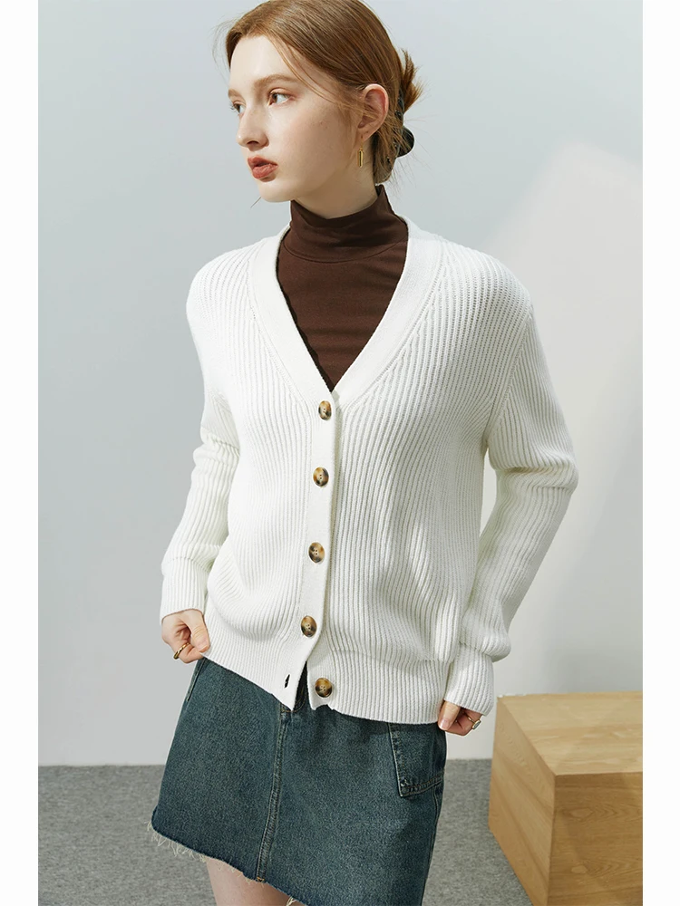 FSLE Women Winter Knitted Cardigans Korean Style Solid All-match V-Neck Office Lady Single Breasted Commuter 100% Cotton Sweater