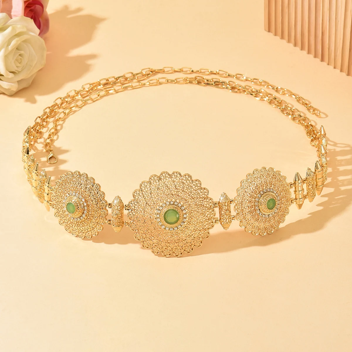 

Chic Luxury Bridal Belt - Gilded Filigree With Emerald & Crystal Accents For Elegant Wedding Gown Statement Looks