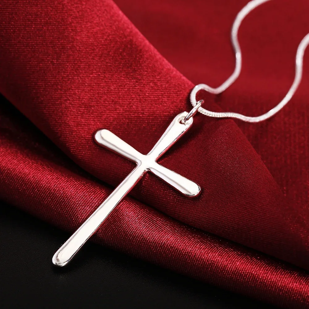 LIhong 925 Sterling Silver Long Cross Pendant Necklace Women Men Fashion Wedding Engagement Jewelry Gift