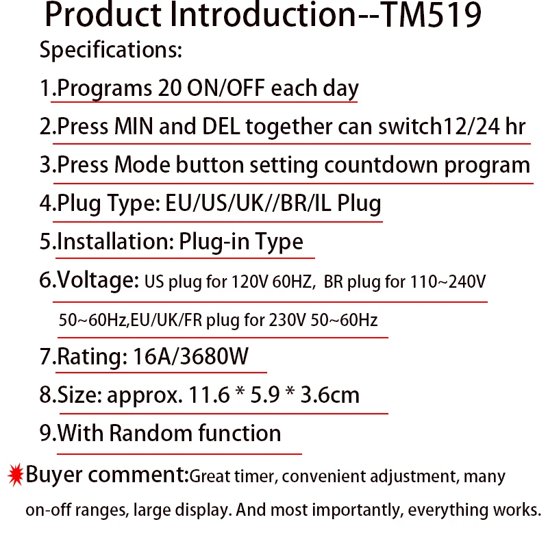 EU UK BR Plug Outlet Electronic Digital Timer Socket with Timer 220V AC Socket Timer Plug Time Relay Switch Control Programmable