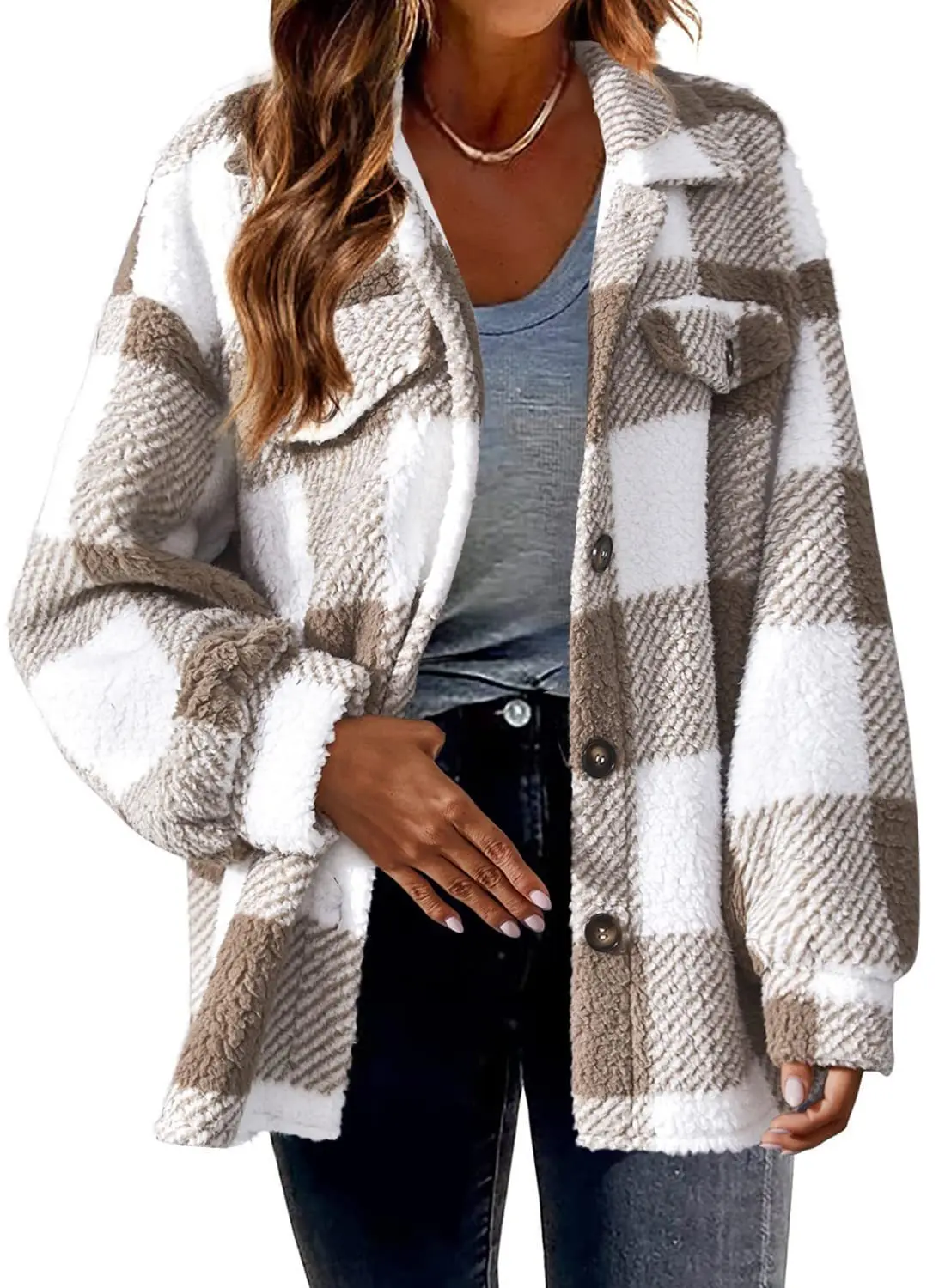 

Women's Autumn Winter Plaid Pockets Lamb Cashmere Jacket Elegant Button Down Plush Warm Shirt Coat