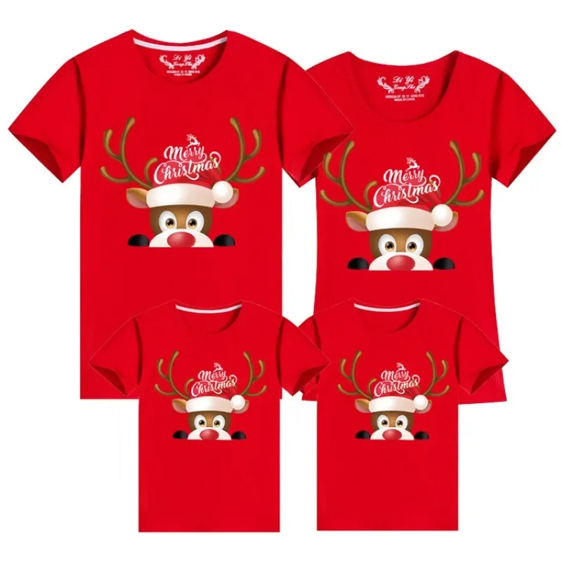 Santa Elk Print Couple T Shirts Christmas Cotton Short Sleeves Tops Family Matching Clothes Tees Dad Mom Daughter Family Outfits