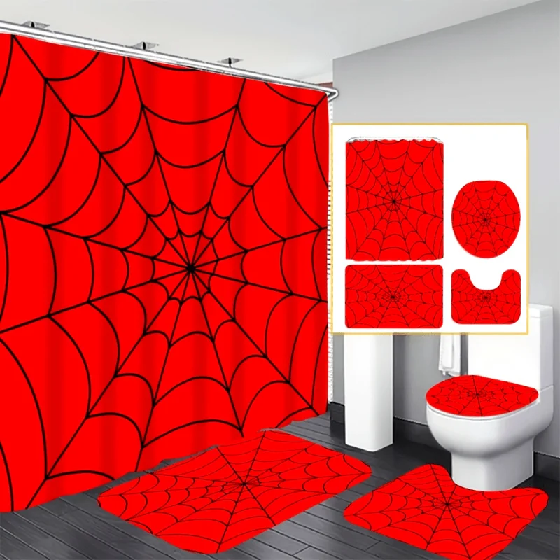 Spider web design shower curtain set with non-slip rugs, toilet lid cover, bath mat, and 12 hooks-water-resistant polyester bath