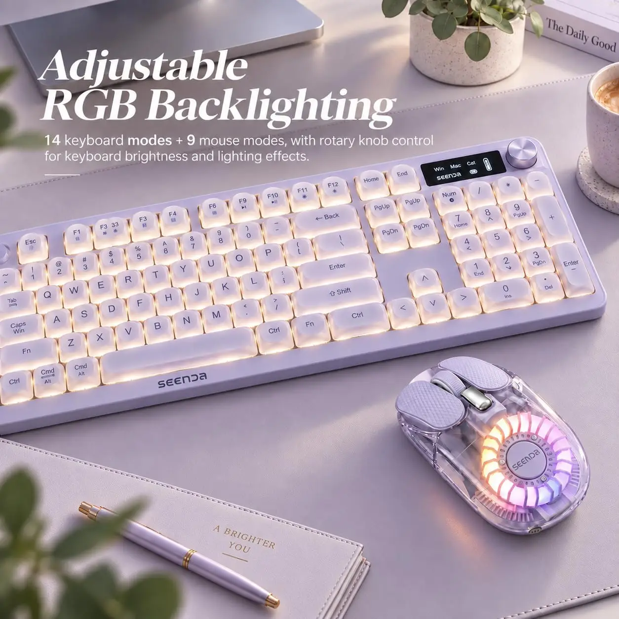 seenda Wireless Keyboard Mouse Set Rechargeable RGB Keyboard mouse 4 DPI Adjustable 3 Devices Connection for Mac Tablet Laptop